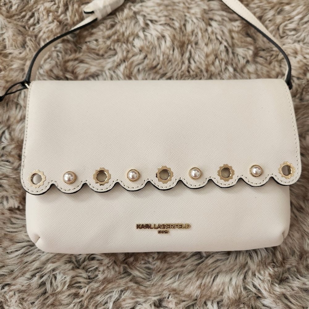 Karl Lagerfeld Paris Elsa Scalloped Flap Pearl Detail Crossbody Bag in Ivory - Picture 2 of 12